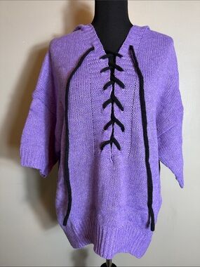 Purple Lace-Up Hooded Knit Sweater Relaxed Half Sleeve Lace-Up Front Closure XL